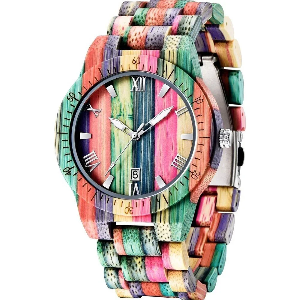 Men's Q1057 Handmade Colorful Bamboo Engraved Analog Quartz Wooden Watch